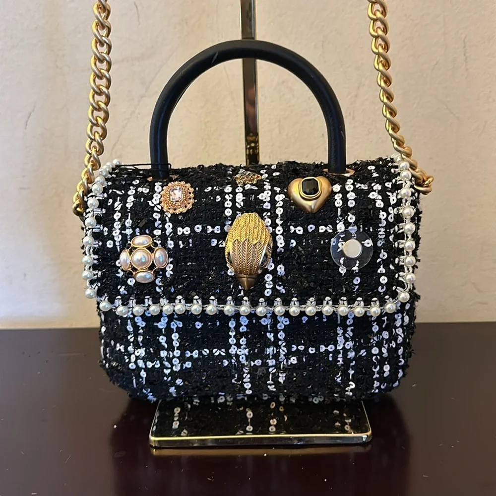 NWTGS Kurt Geiger black and white plaid bejeweled fabric handle mini Kensington! - Picture 9 of 9